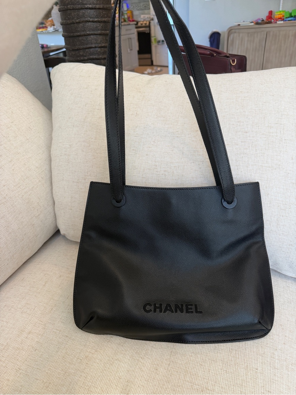 CHANEL Vintage 1997-99 Black Leather Embroidered Logo Shoulder Tote Bag